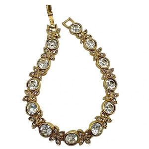 Vintage Rhinestone Gold Tone Flower Link Chain Tennis Bracelet